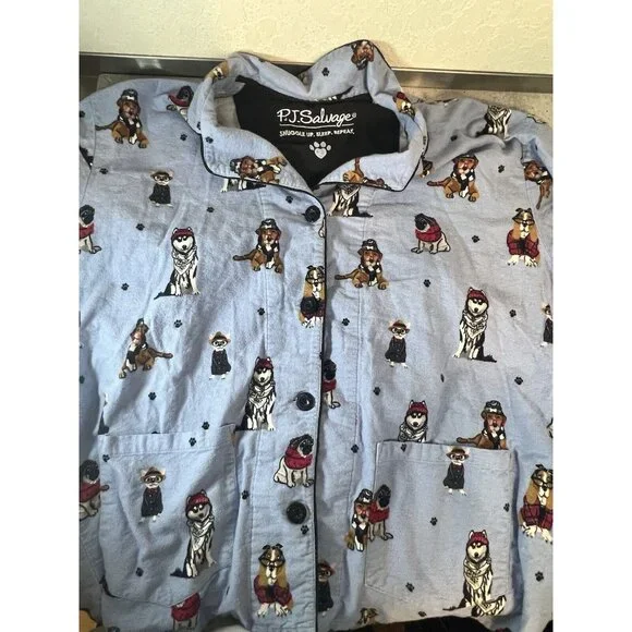 PJ Salvage Pajama Top Women's L Dogs Eyeglasses Flannel Button Up Blue - Picture 16 of 16